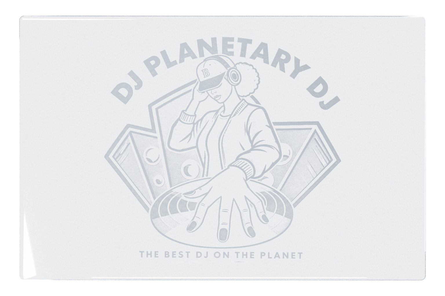 DJ Planetary emblem engraved in clear crystal glass, without social icons or handles