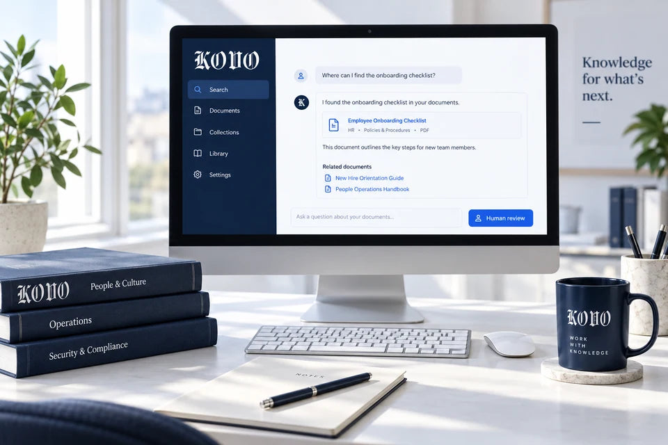 A business knowledge assistant displayed beside organized reference manuals.