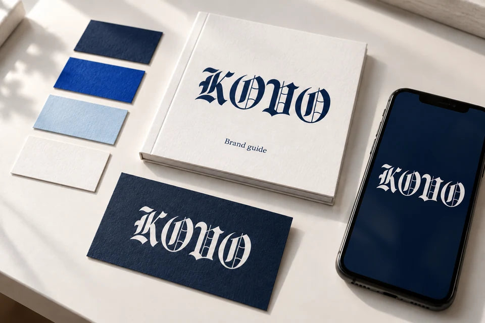 A compact KOVO brand guide, business card, palette swatches and phone on a white table.