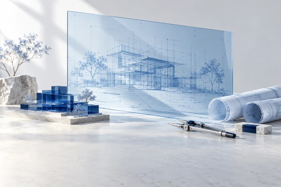 An upright blue glass planning sheet behind a cobalt architectural maquette and drafting compass.