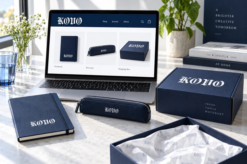 An online store beside coordinated stationery products and shipping packaging.