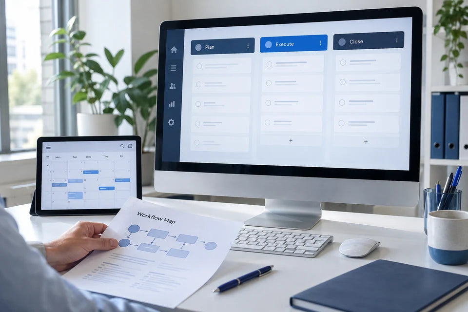 A coordinated CRM workflow on a desktop monitor, with a calendar tablet and printed workflow map.