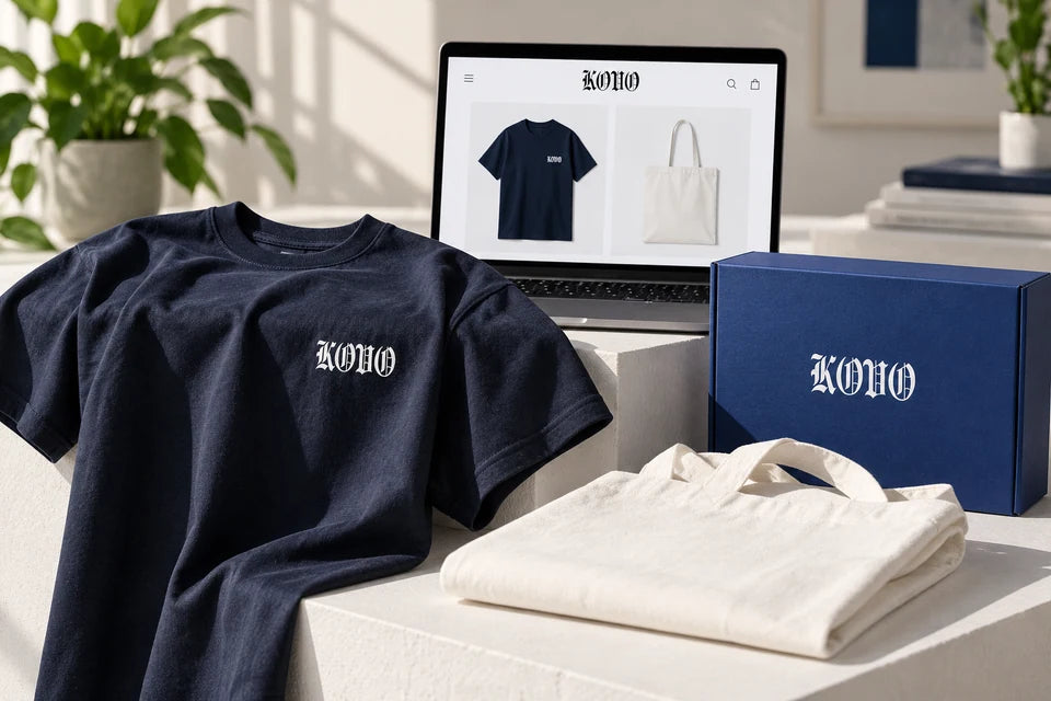 KOVO-branded apparel and packaging beside a matching online storefront concept.