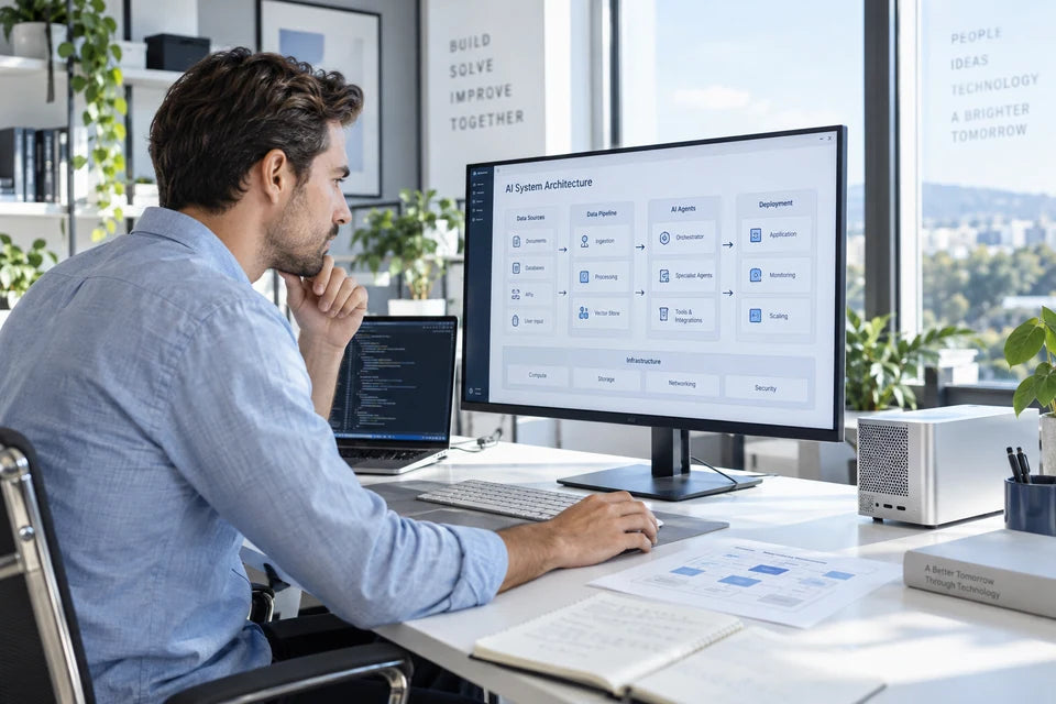 An engineer reviewing an AI deployment diagram beside a local workstation and laptop.