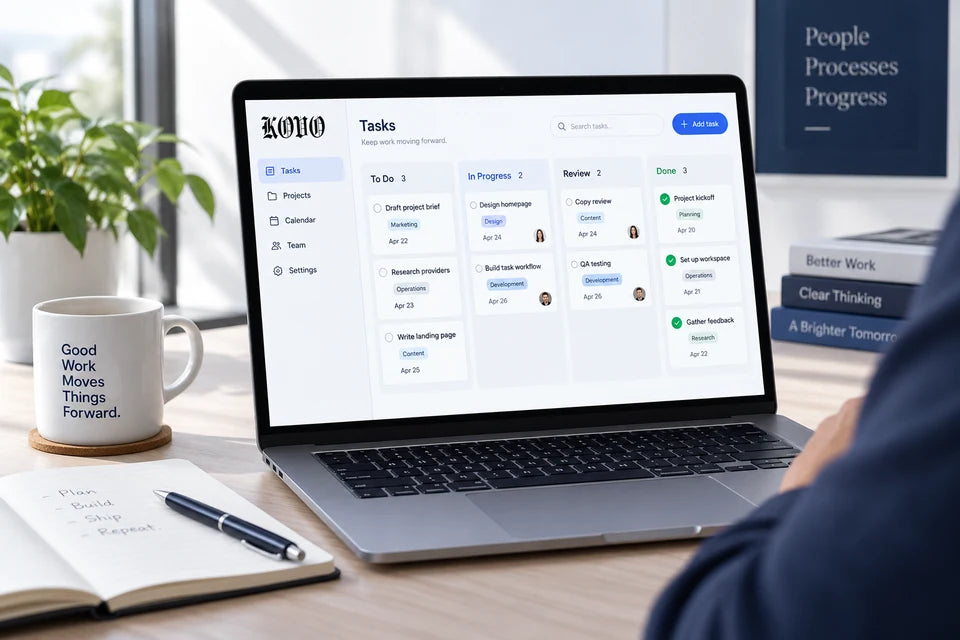 A focused task-management web application on a laptop in a bright office.