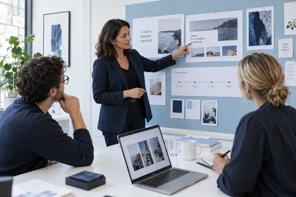 A creative lead guiding a team through a project review with an organized planning board.