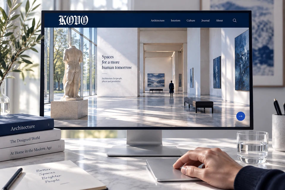A designer exploring an architectural gallery website on a widescreen monitor.