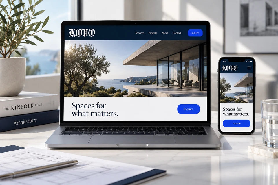 A coordinated landing page displayed on a laptop and smartphone.
