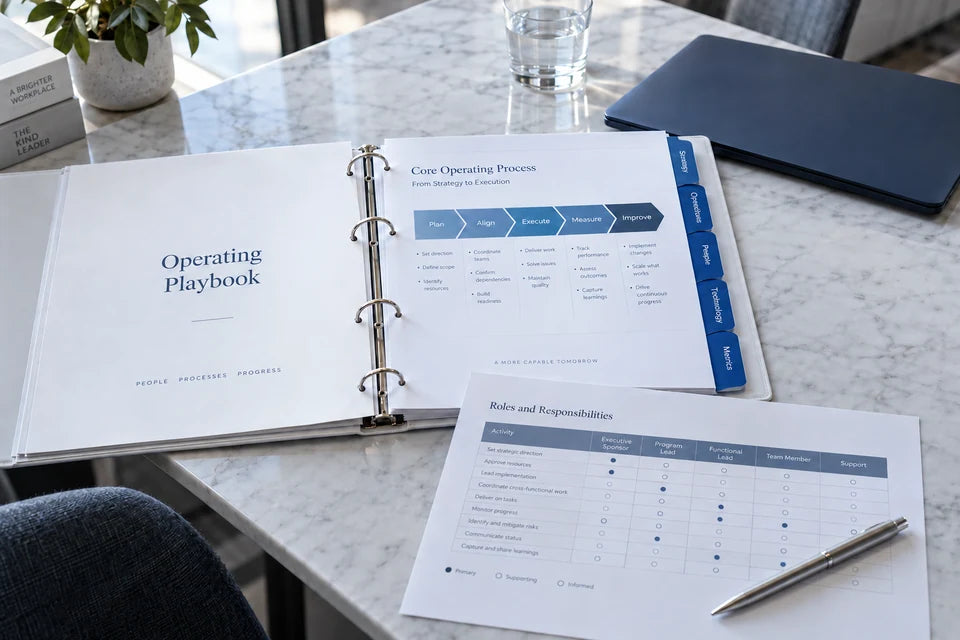 An open operating playbook with five blue dividers, a process flow, and a responsibilities map.