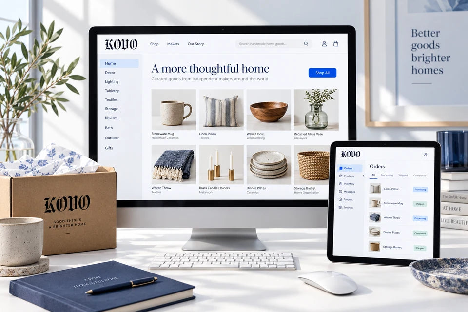 A marketplace displayed on a monitor beside a tablet showing its seller workspace.