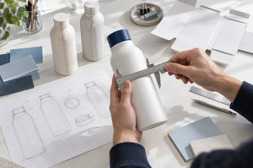 A designer measuring a bottle prototype beside sketches, material swatches, and packaging mockups.