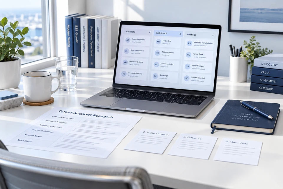 An illustrative sales workstation with a CRM pipeline, target-account research, and outreach drafts.