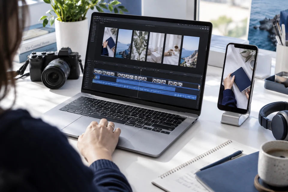 An editor arranging vertical videos on a laptop beside a phone preview and camera.