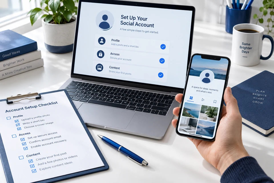 A social account setup screen beside a profile preview and onboarding checklist.
