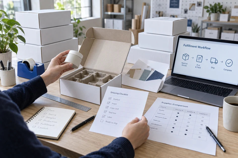 A product sample, packing materials, supplier comparison, and fulfillment workflow on a studio worktable.