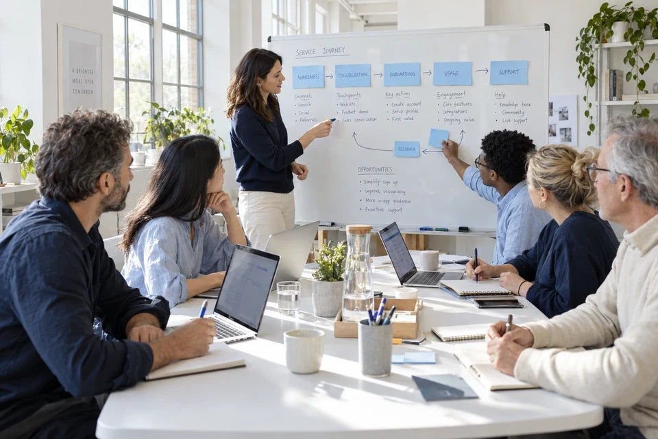 A small team develops a service journey together using a whiteboard and blue planning notes.