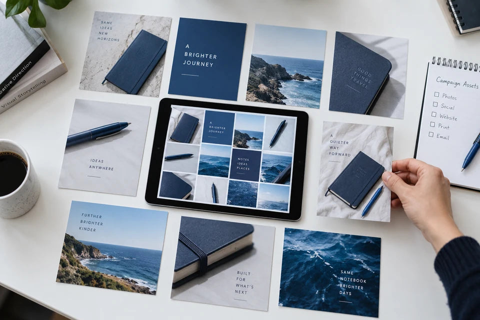 Coordinated campaign photographs and printed asset cards around a matching tablet gallery.
