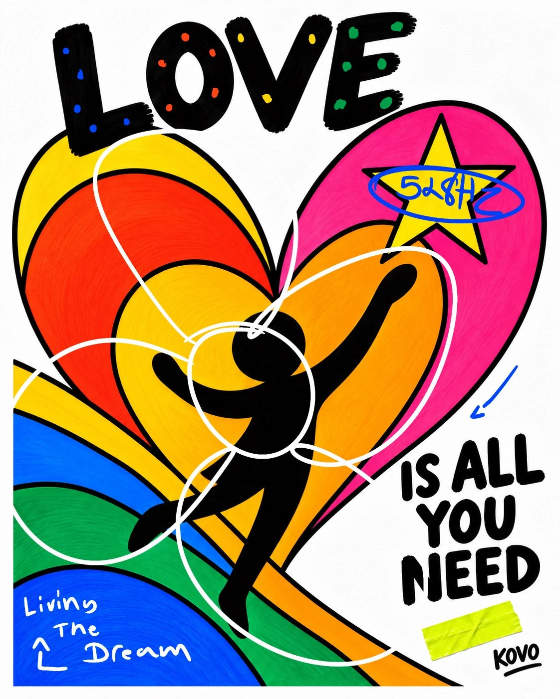 A rising human figure within a multicolored heart