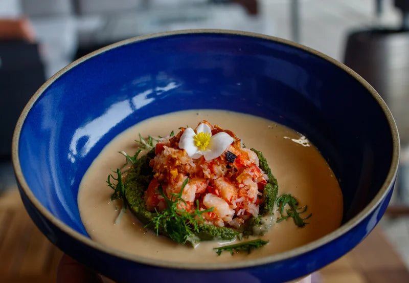 Aubergine dish in a blue bowl