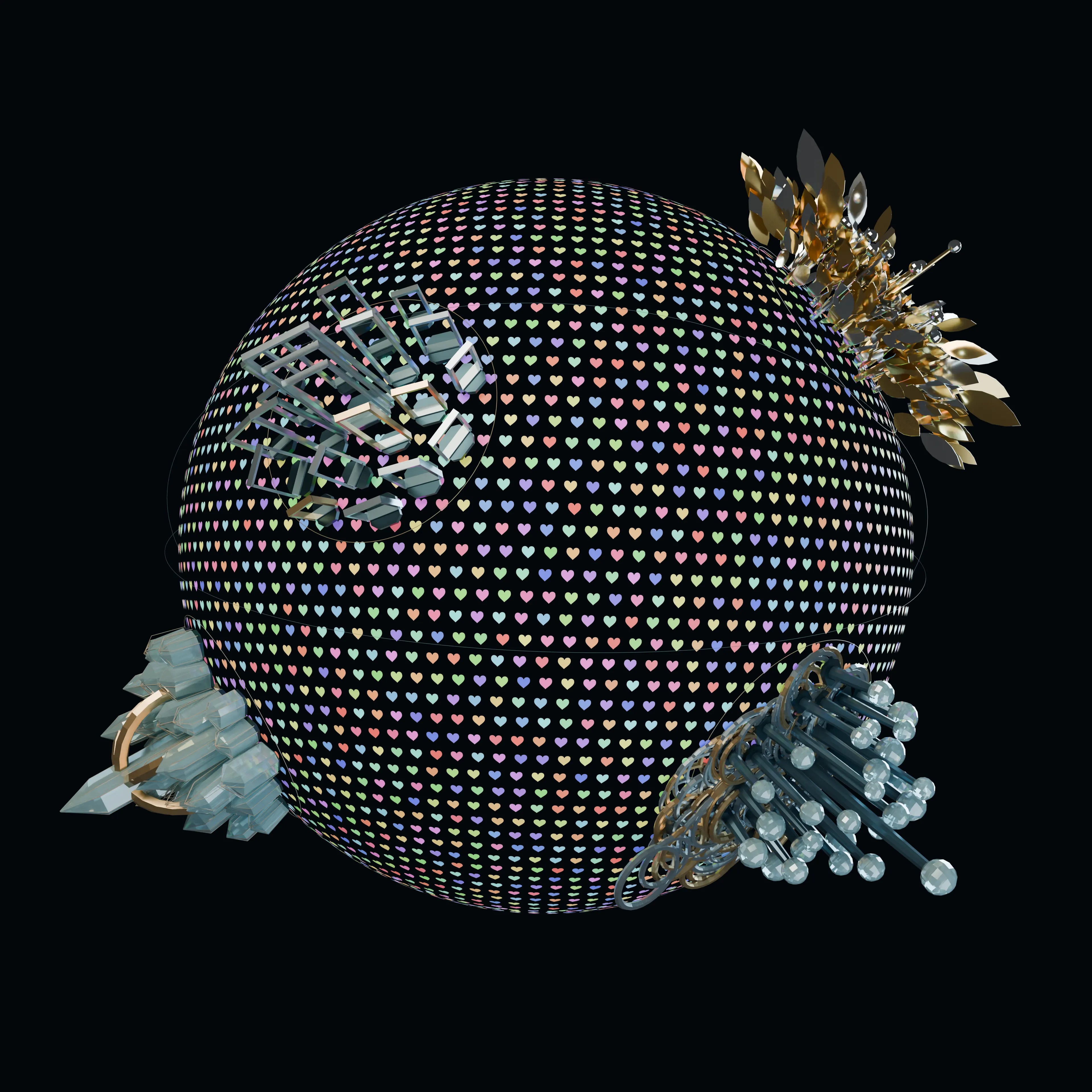 A globe of multicolored hearts with five architectural destinations, including Steven Koveleski’s botanical city