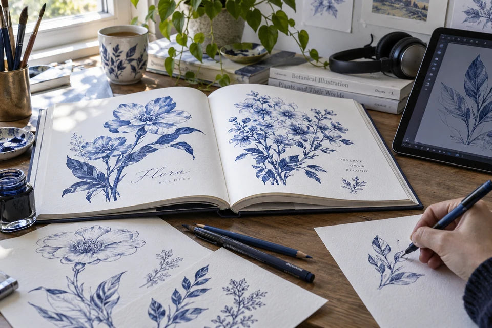 An illustrator working on botanical artwork beside a printed art book and pen tablet.