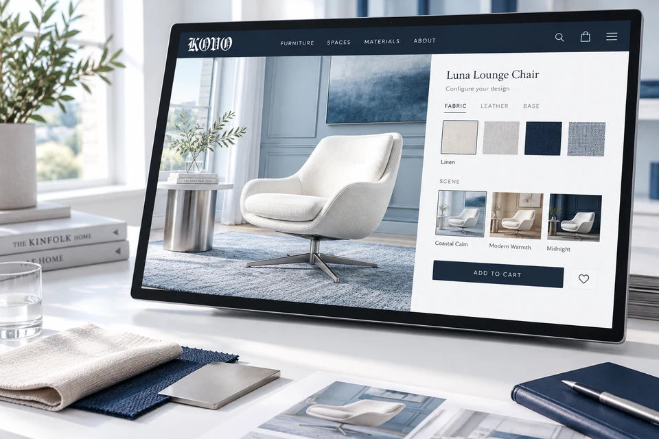 An interactive showroom display beside tactile fabric and finish samples.