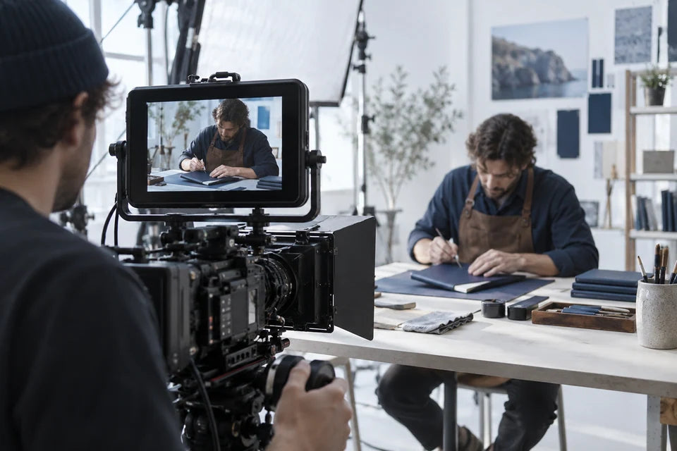A camera operator filming a craftsperson with a live preview on the production monitor.