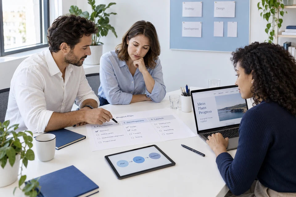 A small team coordinating a prioritized work plan alongside website and automation diagrams.