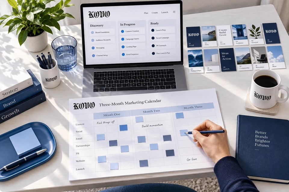 A laptop pipeline beside a marketing calendar and coordinated campaign cards.