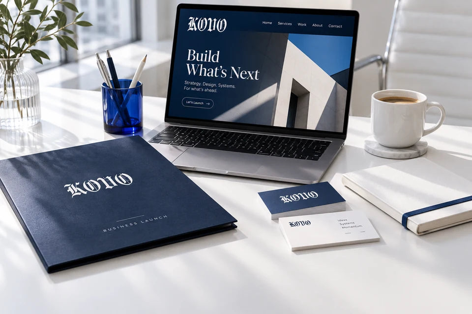 A finished business website beside branded launch materials and organized stationery.