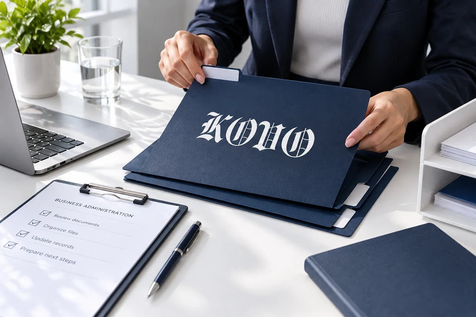 Hands organizing business records, a checklist, and navy document folders.