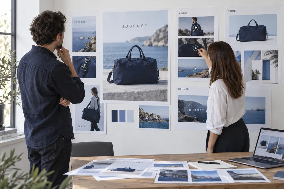 Creative collaborators reviewing coordinated campaign posters, video frames and banner layouts.