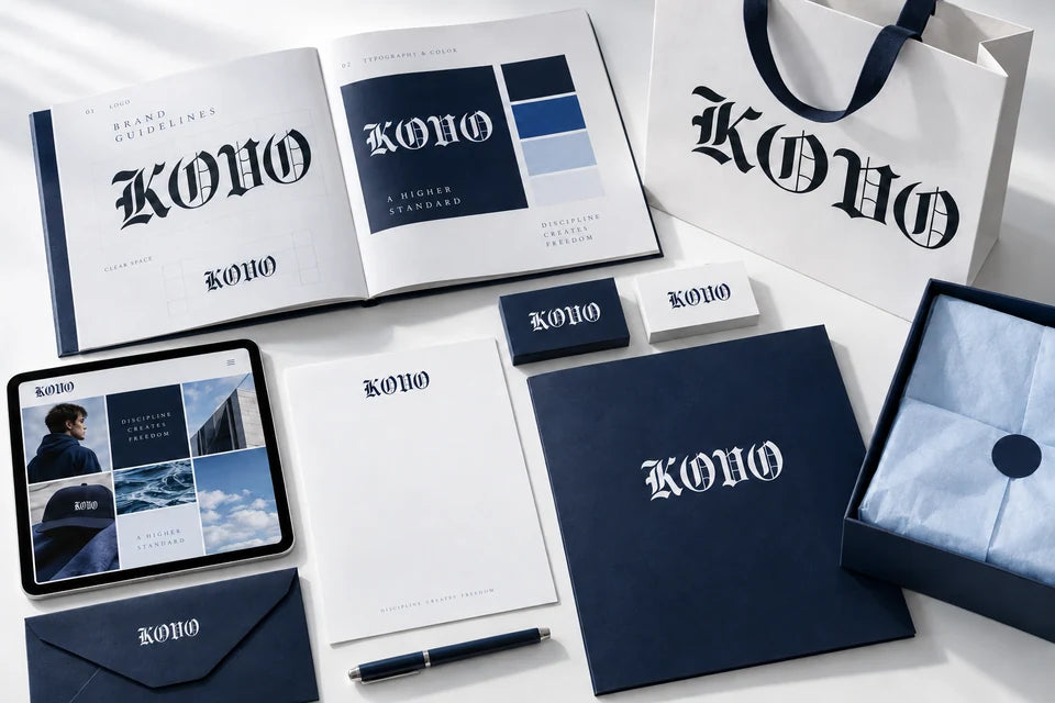 A coordinated KOVO identity system with brand guidelines, stationery, packaging and digital templates.