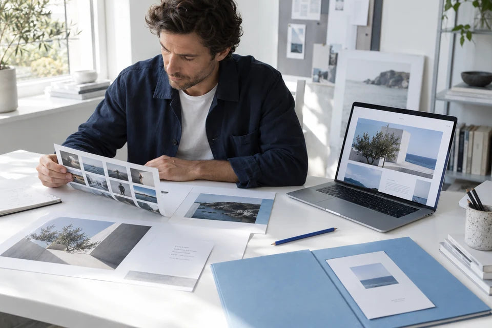 A creative director reviewing brand photography, layout proofs, and a website design together.