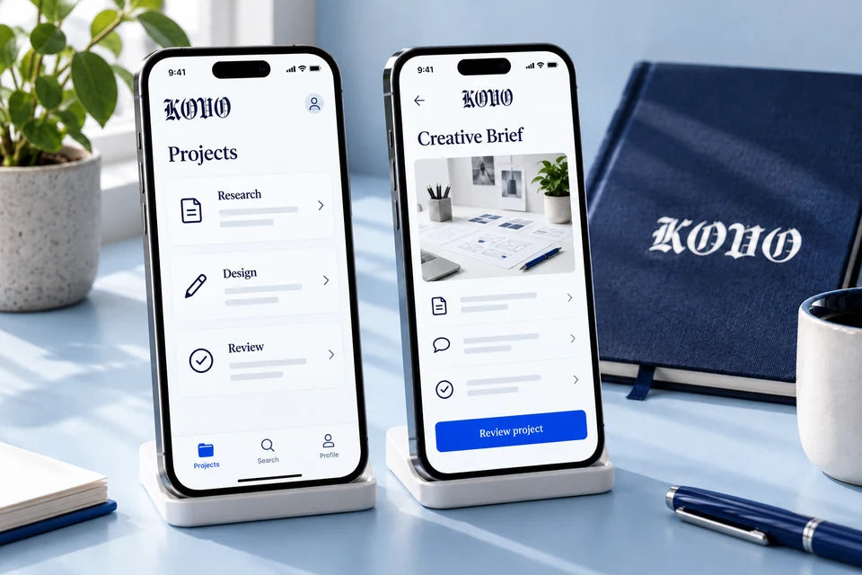 Two phones displaying a coordinated project-management app with project tasks and a creative brief.