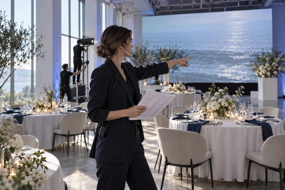 A creative director coordinates lighting and event setup with a running order in hand.