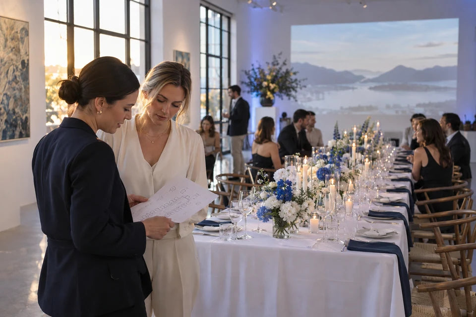 Event planners review a floor plan beside an intimate blue-and-white gallery dinner concept.