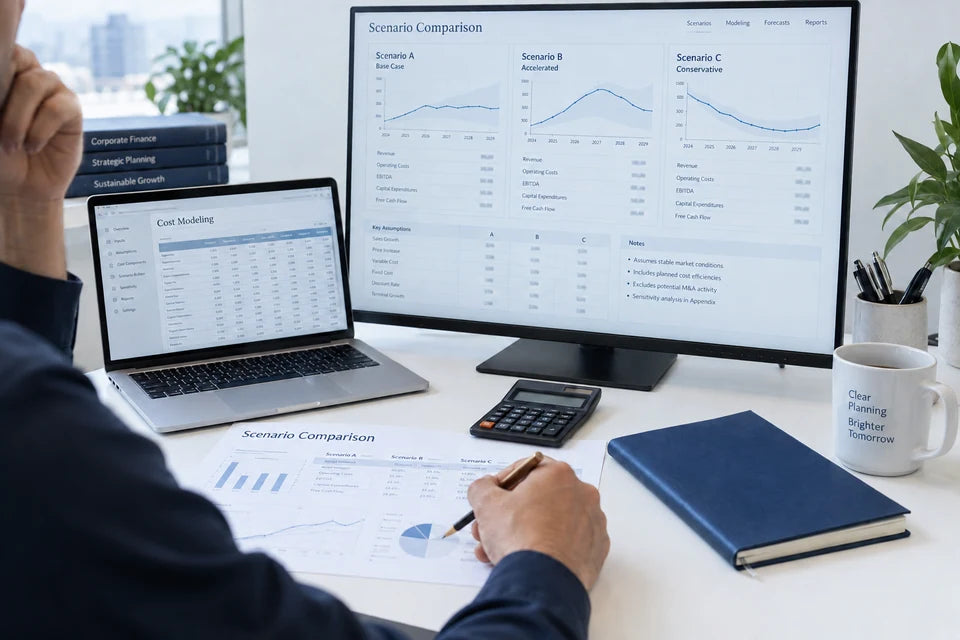 An analyst reviewing three financial scenarios alongside a cost-model spreadsheet and calculator.