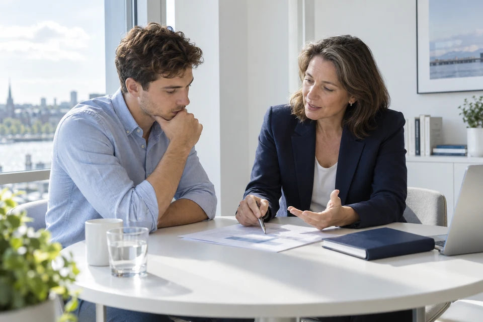 A founder and advisor reviewing a concise business plan in a bright private meeting room.