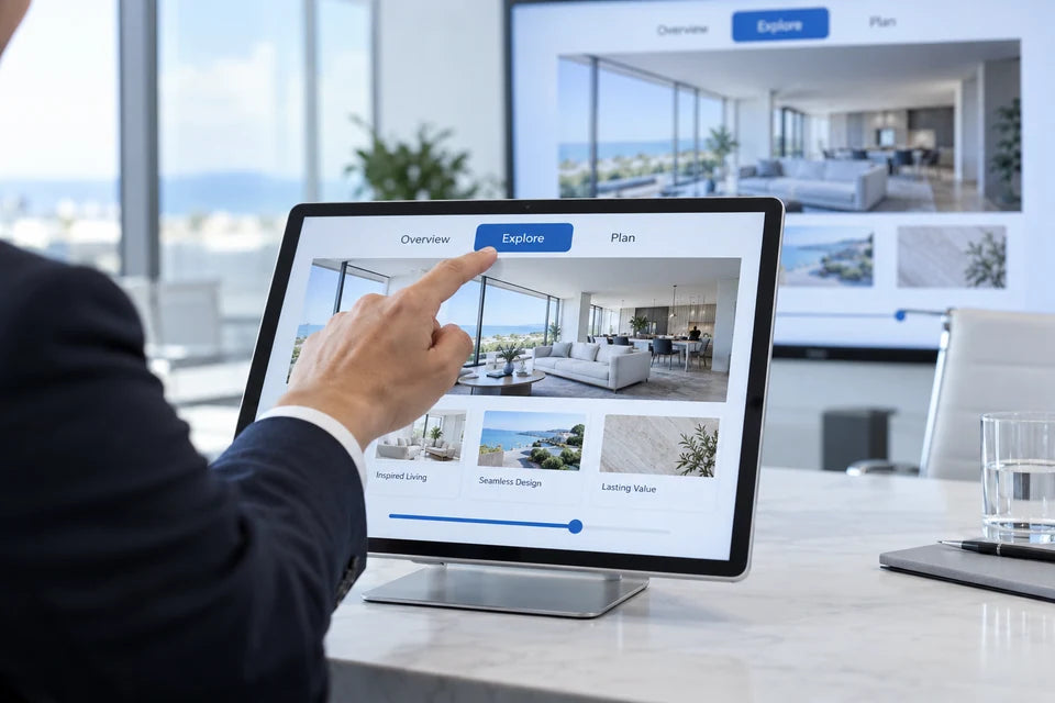 A presenter using an interactive tablet presentation mirrored on a meeting-room display.