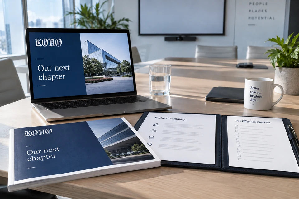 A pitch deck, business summary, and diligence checklist prepared in a bright meeting room.