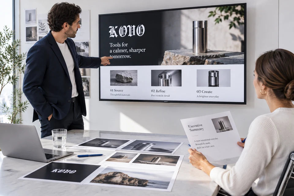 Two collaborators reviewing a pitch presentation with a storyboard and one-page summary.
