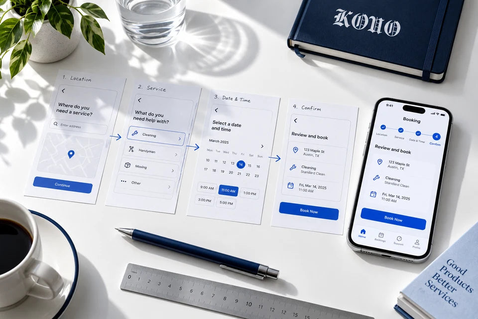 Printed mobile wireframes beside a phone displaying a polished prototype.