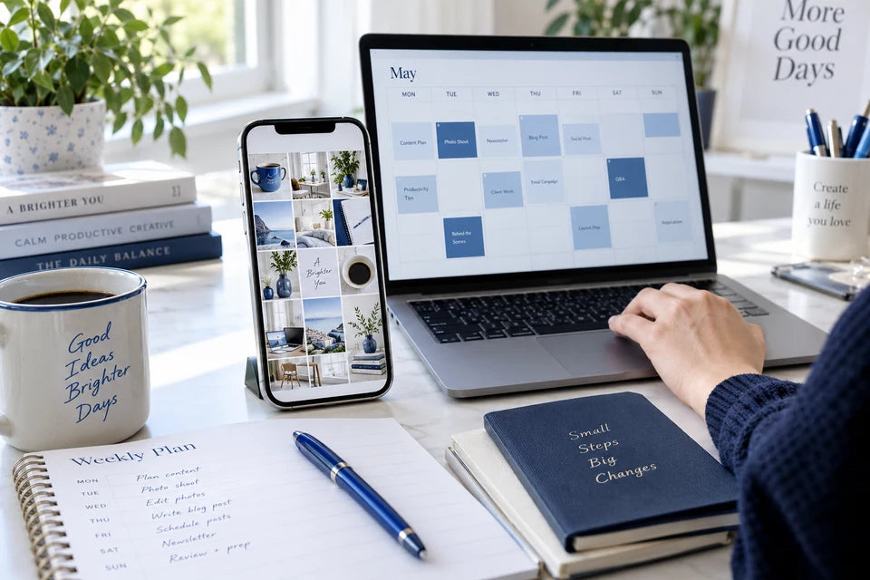 A coordinated social content grid on a phone beside a laptop content calendar.