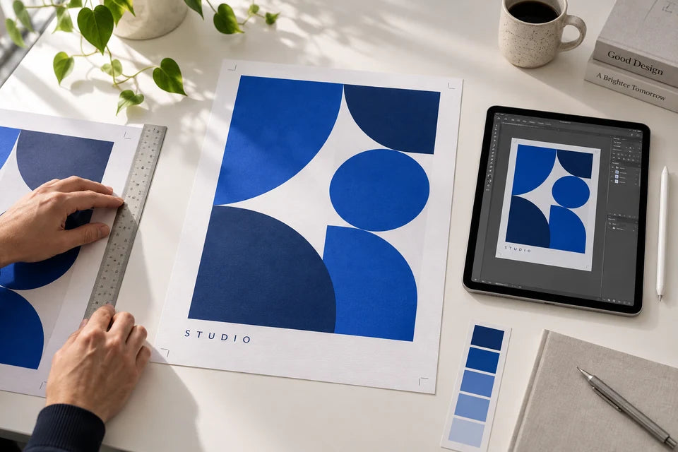 A designer aligning a printed poster beside its matching digital design.