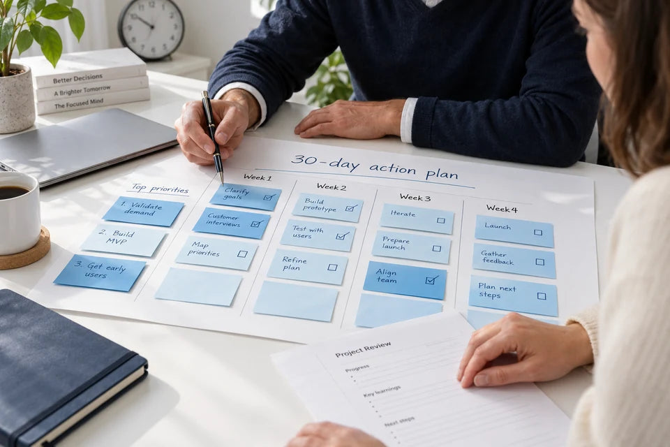 An advisor and founder prioritize a four-week action plan during a working session.