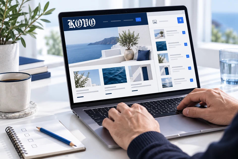 A website maintenance review with a laptop, notebook, and checklist.