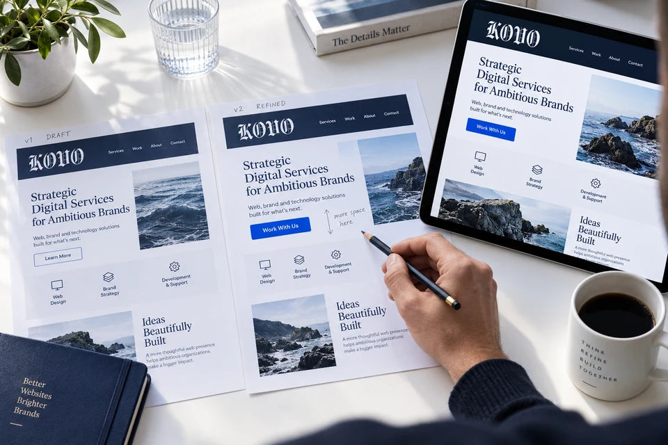 A website layout review with annotated printouts and a tablet preview.