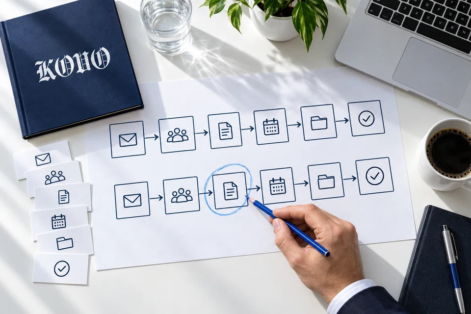 A consultant reviewing a printed workflow map with annotated process steps.