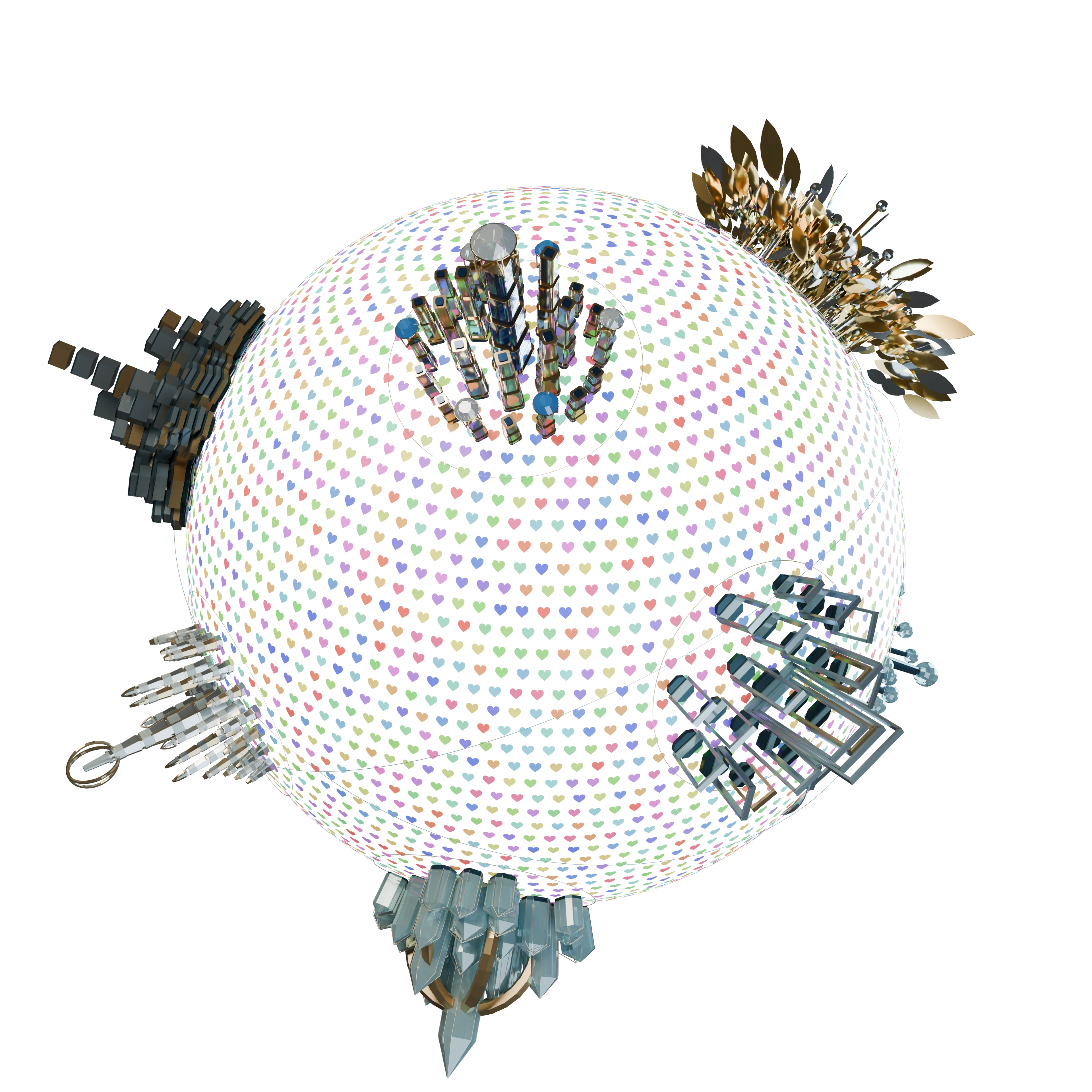 A globe of multicolored hearts with eight architectural destinations, including the sacred geometry Portfolio city